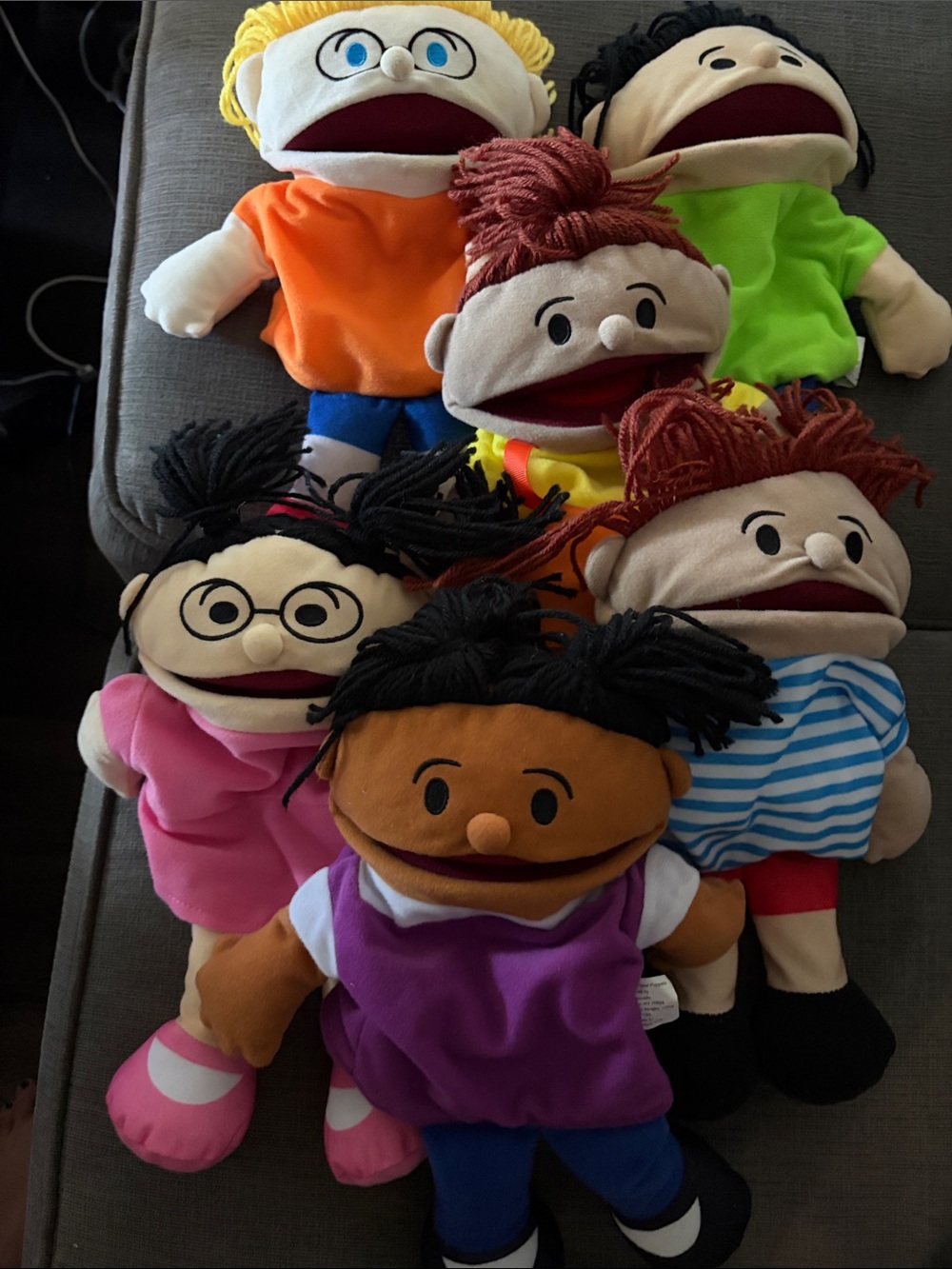 Kids Plush Hand Puppet Set - Assorted Colors Multi cultural. Set of 6